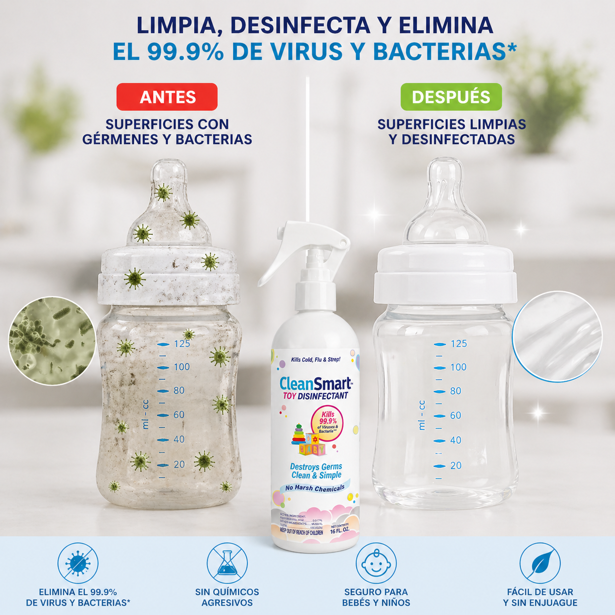 CleanSmart Spray desinfectante para juguetes mata el 99,9% de los virus y bacterias, sin enjuague